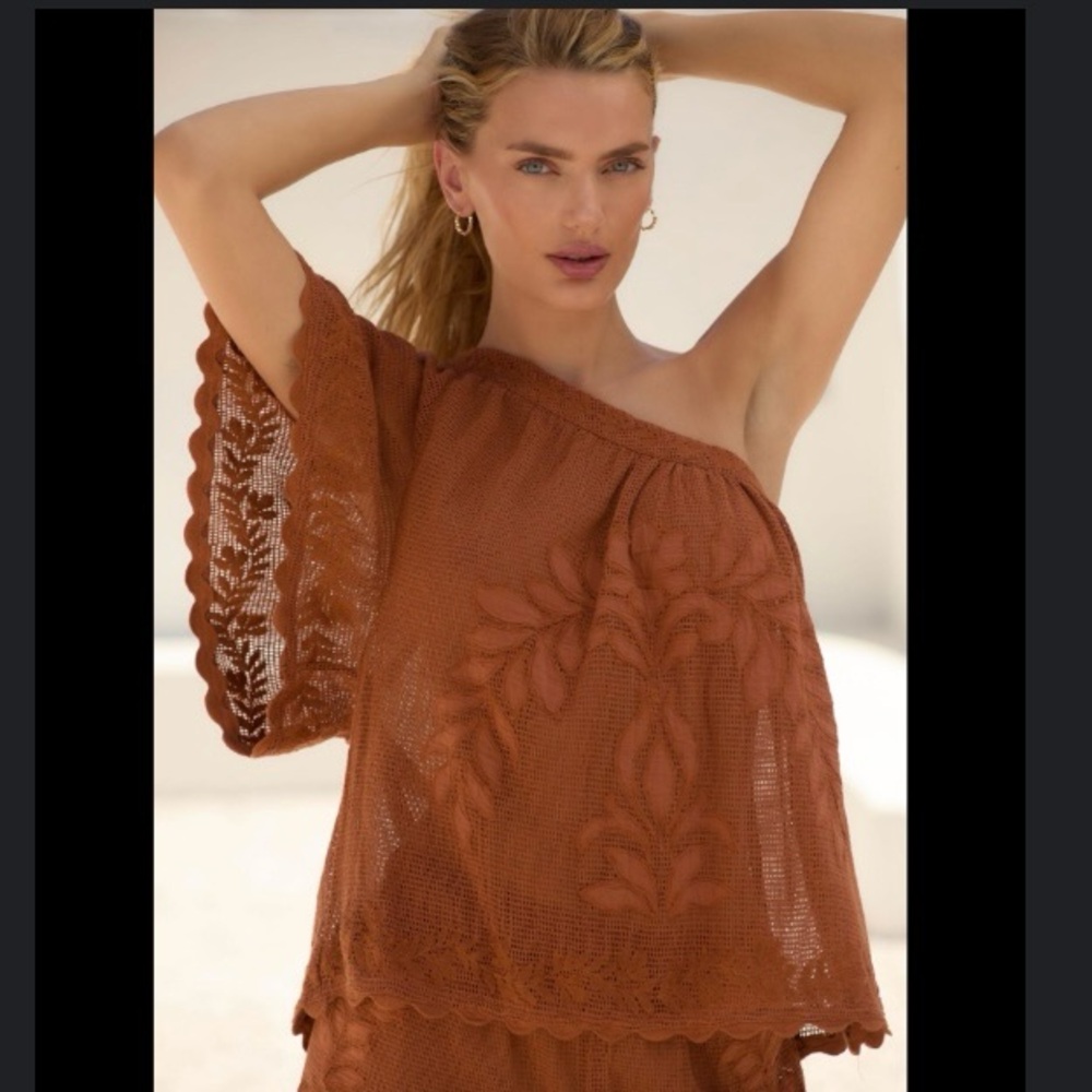 Worn Once!  Anthropologie One-Shoulder Lace Top in Rust